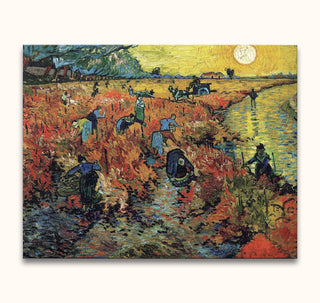 Vincent van Gogh - De Rode Wijngaard: Hand-painted oil artwork of workers harvesting red vines, set against a golden sky with farmhouse and canal.