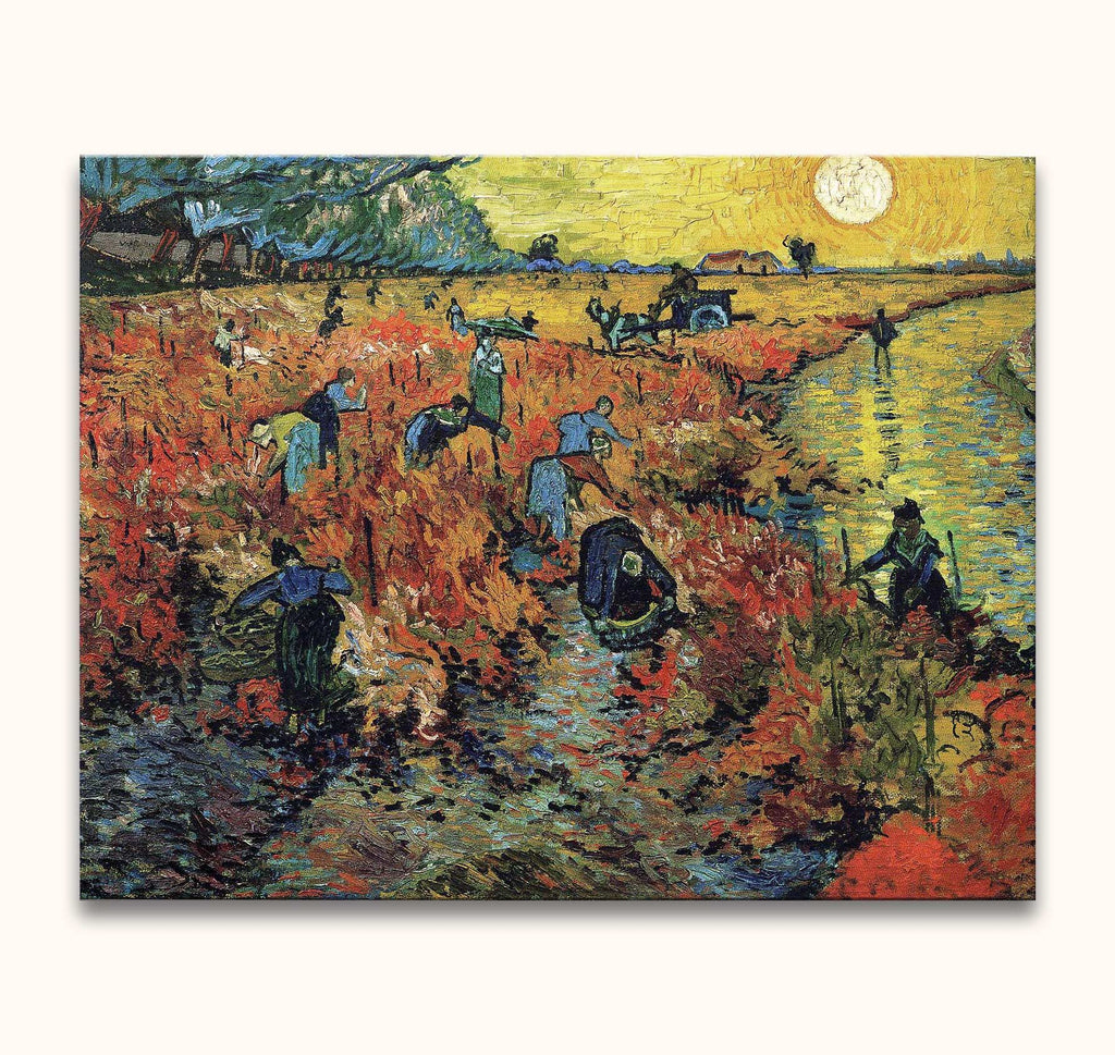 Vincent van Gogh - De Rode Wijngaard: Hand-painted oil artwork of workers harvesting red vines, set against a golden sky with farmhouse and canal.