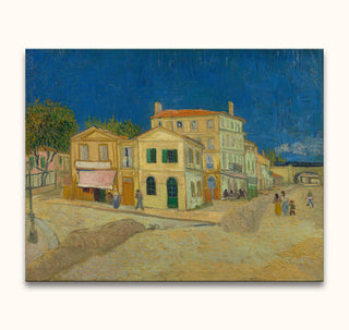Vincent van Gogh's Het Gele Huis painting depicts figures by yellow buildings in Arles, France. Hand-painted oil on canvas, ready to hang.