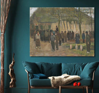 Vincent van Gogh's Houtverkoop oil painting, depicting a rustic scene with a group gathered outdoors. Displayed above a teal sofa with cozy accents.