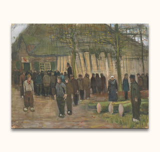 Vincent van Gogh's Houtverkoop depicts rural workers on a muddy lane, a thatched barn, and logs, showcasing impressionist style on a museum-quality oil painting.