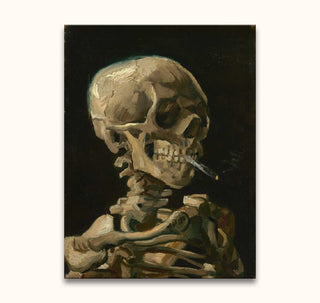Vincent van Gogh's Kop van een Skelet met Brandende Sigaret depicts a skeleton with a cigarette, showcasing impressionist style. Hand-painted, ready to hang.