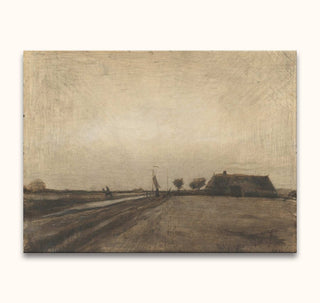 Vincent van Gogh - Landschap in Drenthe, a hand-painted oil sketch of a 17th-18th century rural landscape featuring a lone rider, farmhouse, and expansive sky.