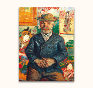 Vincent van Gogh - Portret van Père Tanguy: Impressionist oil painting of an older man seated, with Japanese prints in the background. Hand-painted, museum-quality canvas.