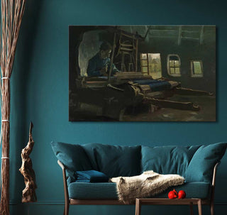 Vincent van Gogh's Weefgetouw met Wever, oil painting of a lone figure at a loom, impressionistic style, mounted above a teal sofa.