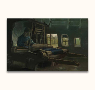 Vincent van Gogh's 'Weefgetouw met Wever' oil painting depicts a lone weaver at a loom in a sunlit workshop. Perfect for modern impressionist art lovers.
