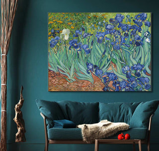 Vincent van Gogh - Irissen painting on a teal wall above a matching sofa, featuring blue irises, lending an impressionistic touch to the living room decor.